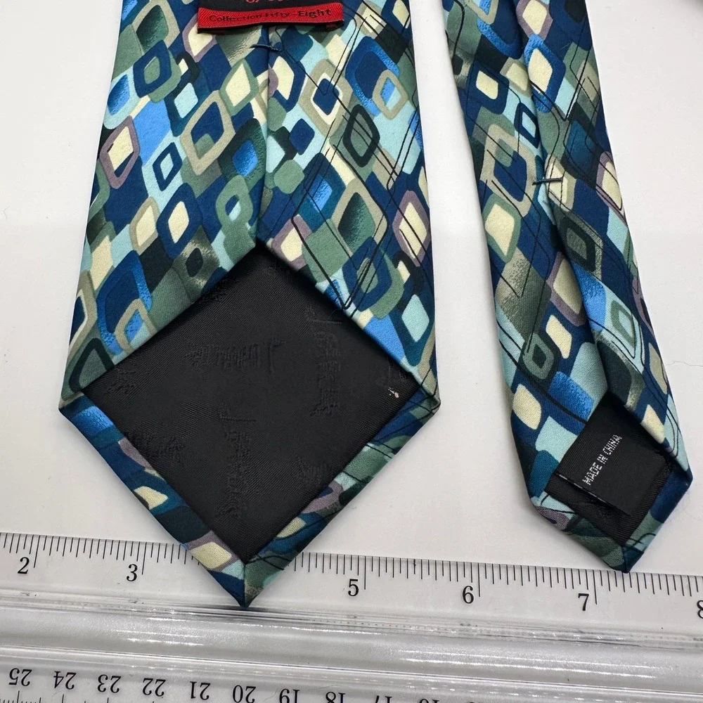 J. Garcia Necktie Geometric Diamond Pattern Blue Green Silk‎ Blend